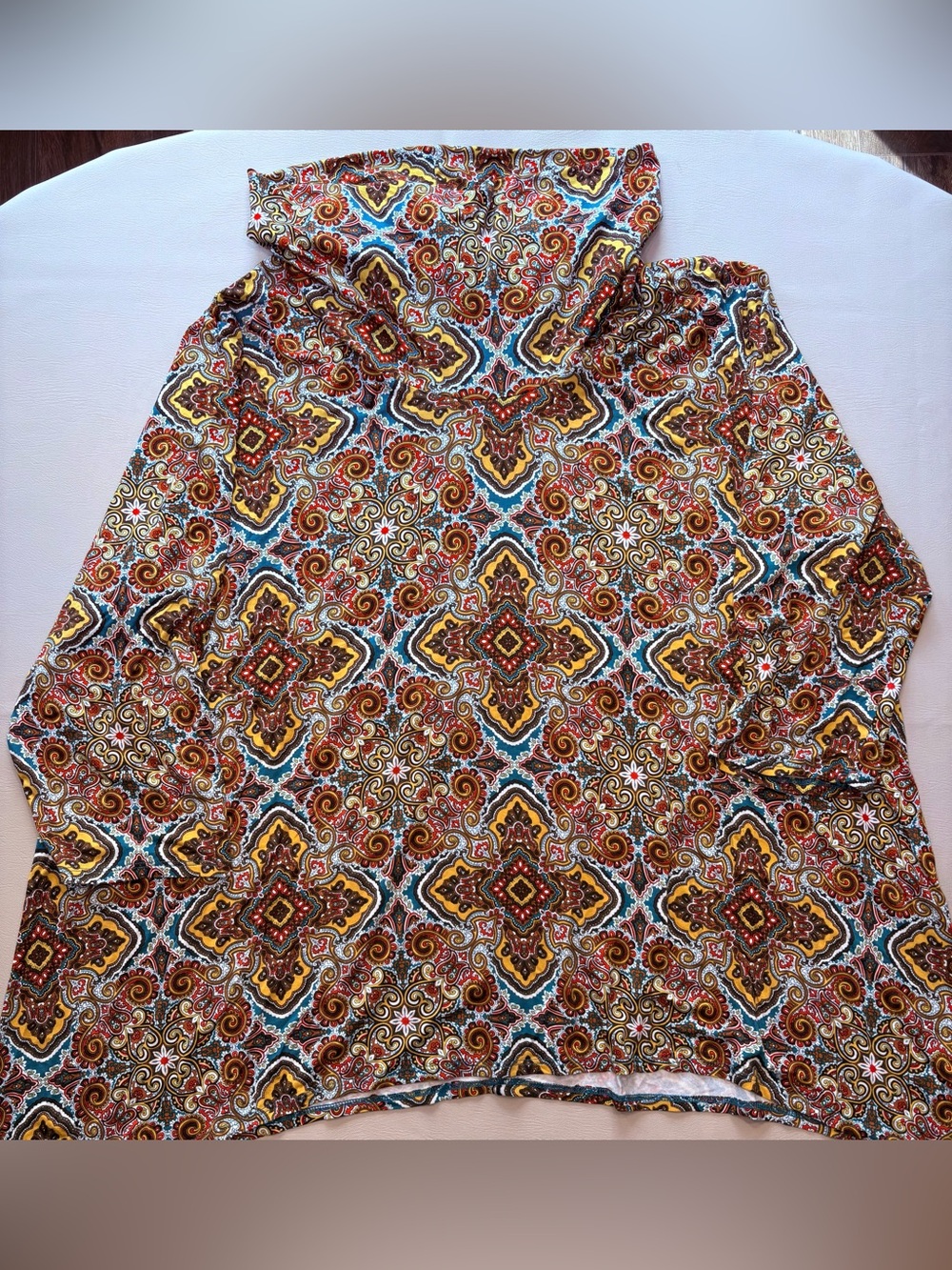Boho Medallion Print 3/4 Sleeve Cowl Neck Rayon Top - Multicolor
